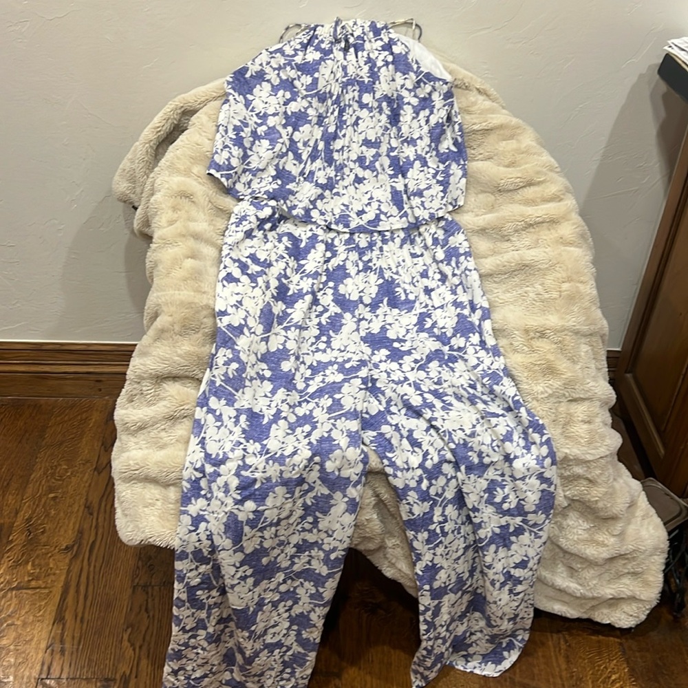 Blue and cream floral jumpsuit.